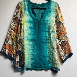 Language Teal Ombre Paisley Silk Tunic Top Sz S